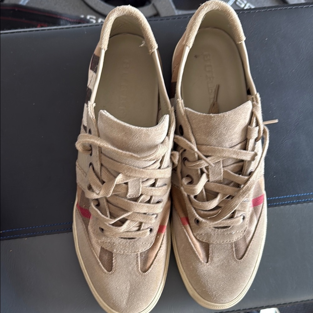 Burberry Tan Suede Sneakers with Red and Black Details